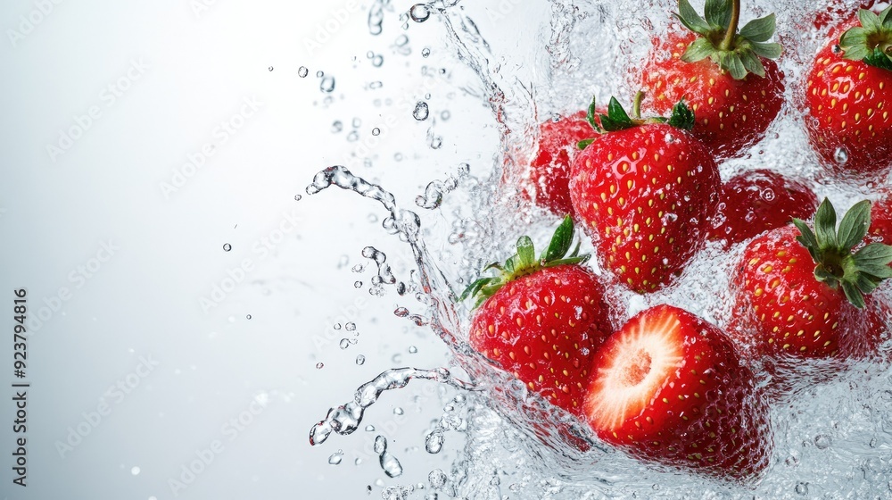Fresh strawberries splashing in water, with ample space for branding or text on the right Fresh strawberries splashing in water, with ample space for branding or text on the right