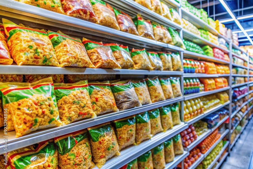 Colorful packets of instant noodles are neatly stacked and arranged in a supermarket's product display case, enticing customers with a convenient meal option. Colorful packets of instant noodles are neatly stacked and arranged in a supermarket's product display case, enticing customers with a convenient meal option.