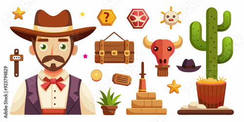 Wild west vector icon set, cartoon game UI cowboy object, sheriff golden badge, cow skull on white. Wanted parchment poster, wooden road sign board, canyon cactus, stone. Wild west adventure element