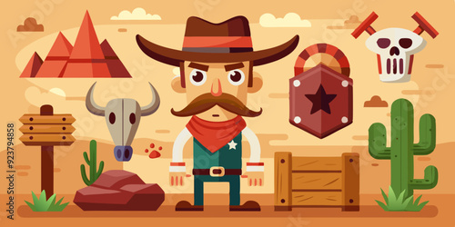 Wild west vector icon set, cartoon game UI cowboy object, sheriff golden badge, cow skull on white. Wanted parchment poster, wooden road sign board, canyon cactus, stone. Wild west adventure element