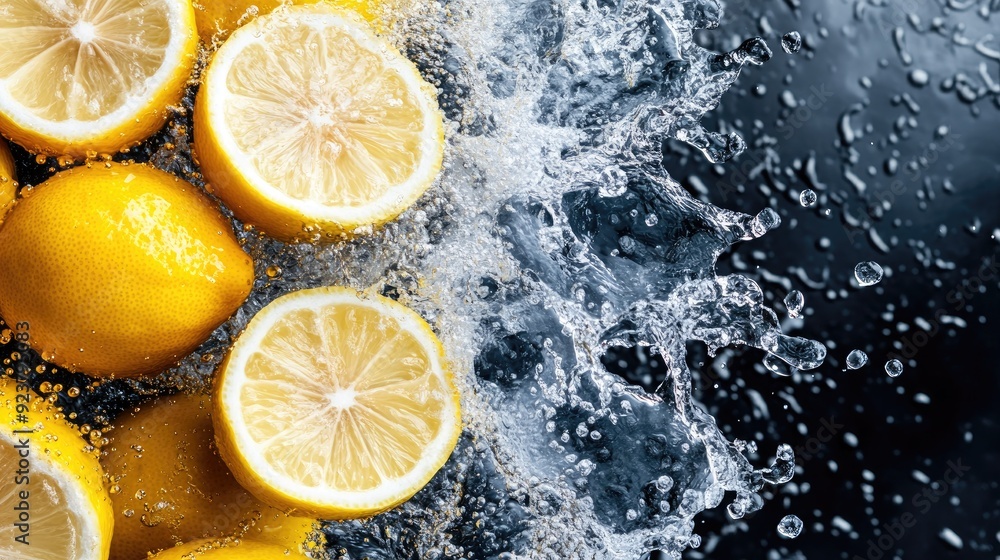 Freshly cut lemons with water splashes from above. Copy space available for your message on the top Freshly cut lemons with water splashes from above. Copy space available for your message on the top