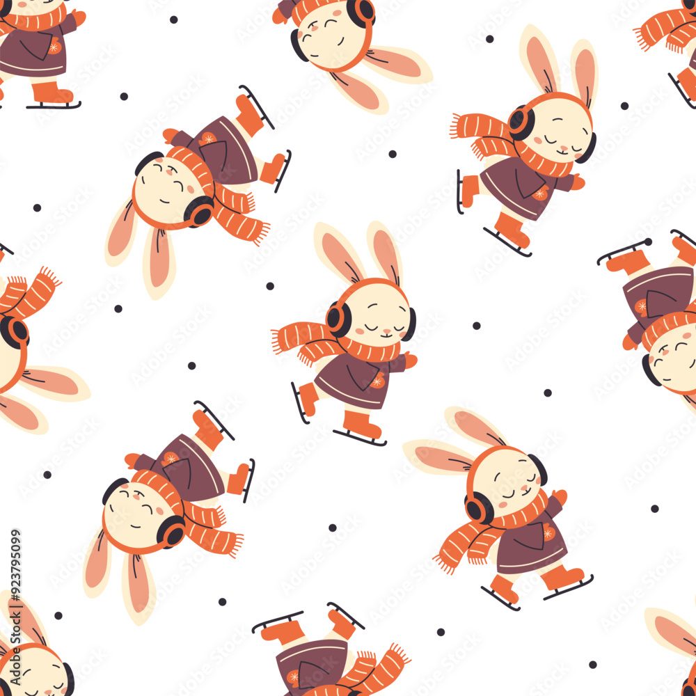 Seamless vector pattern. Cute bunny in scarf and coat skating. Cute winter new year illustration . Vector illustration Seamless vector pattern. Cute bunny in scarf and coat skating. Cute winter new year illustration . Vector illustration