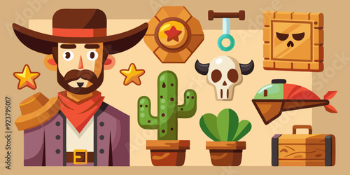 Wild west vector icon set, cartoon game UI cowboy object, sheriff golden badge, cow skull on white. Wanted parchment poster, wooden road sign board, canyon cactus, stone. Wild west adventure element
