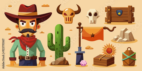 Wild west vector icon set, cartoon game UI cowboy object, sheriff golden badge, cow skull on white. Wanted parchment poster, wooden road sign board, canyon cactus, stone. Wild west adventure element