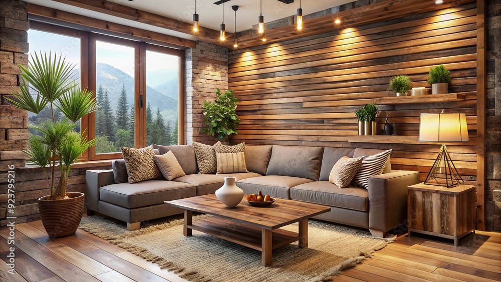 Cozy living room with rustic wooden accents, featuring small corner ...