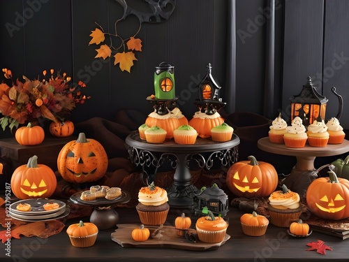 festive halloween themed table setting decorated with an assortment of spooky and sweet treats on a dark wooden background.