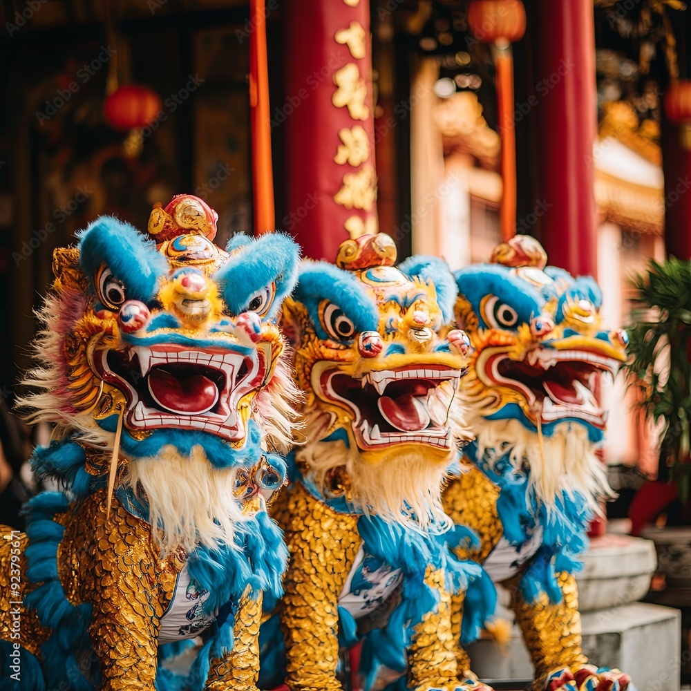 Fototapeta premium Dragon and lion dance show in chinese new year festival (Tet festival ), lion Dance - dragon and lion dance street performances in Vietnam. Holidays and celebrations concept. Selective focus.
