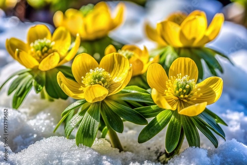 Delicate Eranthis hyemalis winter aconite flowers burst with vibrant yellow petals and green centers, adding a pop of color to a snow-covered winter landscape. photo