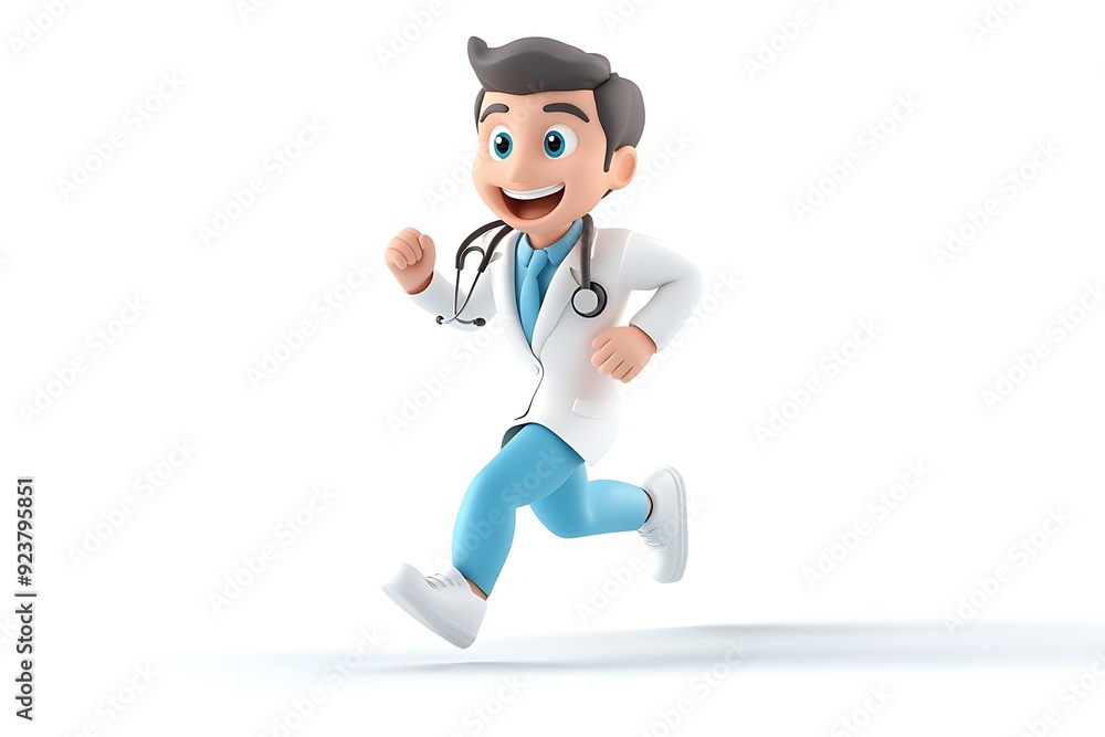 Dynamic 3D Icon of a Male Doctor Running on White Background - High Quality Medical Concept