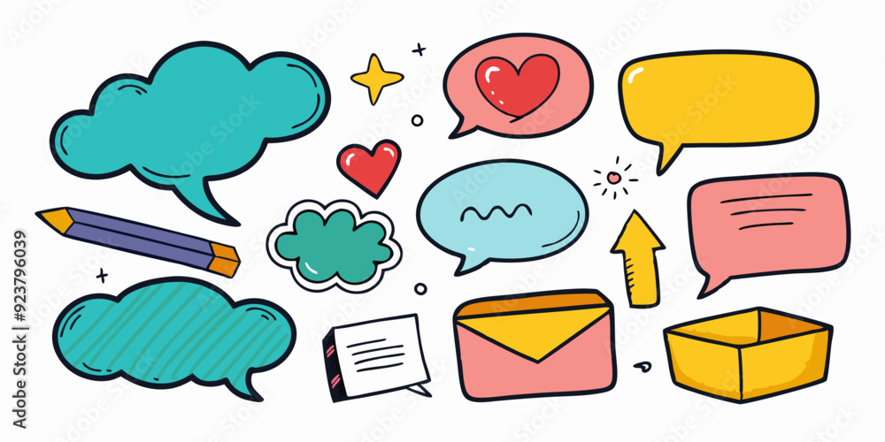 Speech bubble vector set, texture comic talk balloon doodle kit, hand ...