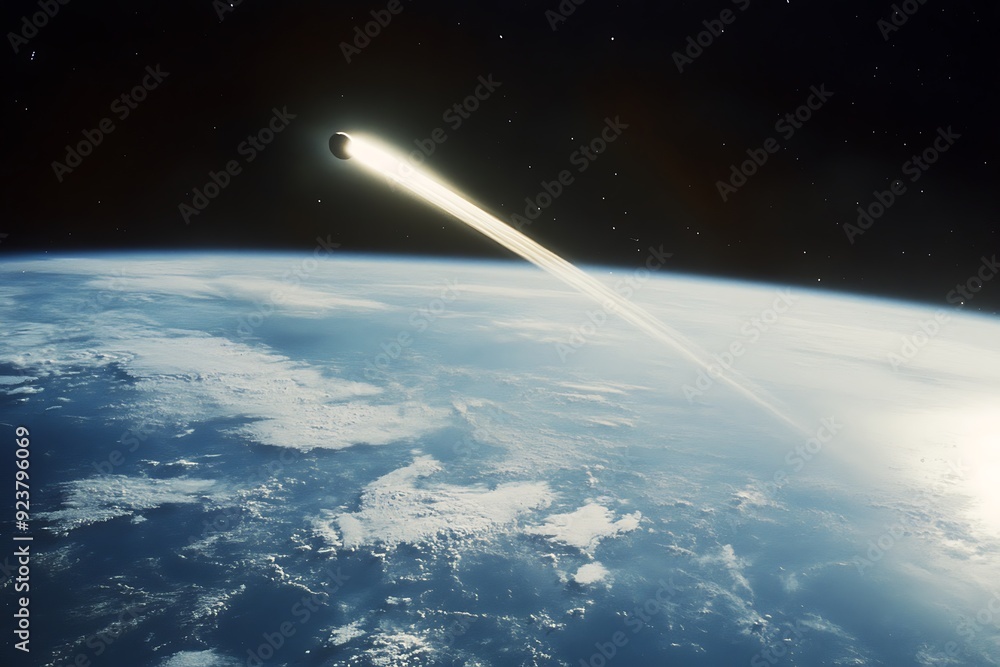 Apocalyptic Comet's Approach: Earth from Space with Bright Tail and Visible Continents Apocalyptic Comet's Approach: Earth from Space with Bright Tail and Visible Continents