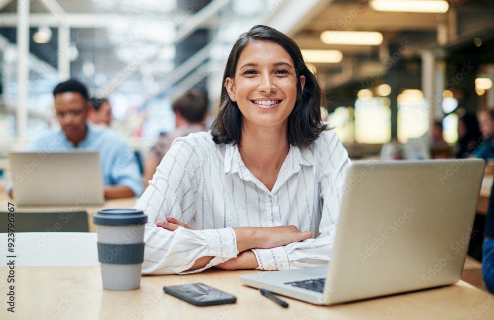 Happy woman, portrait and business with laptop for internship, content creation or research and development at office. Young female person or journalist with smile or coffee on computer at workplace Happy woman, portrait and business with laptop for internship, content creation or research and development at office. Young female person or journalist with smile or coffee on computer at workplace