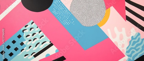 Vibrant abstract artwork featuring geometric shapes and bold colors on a pink background, perfect for creative projects.