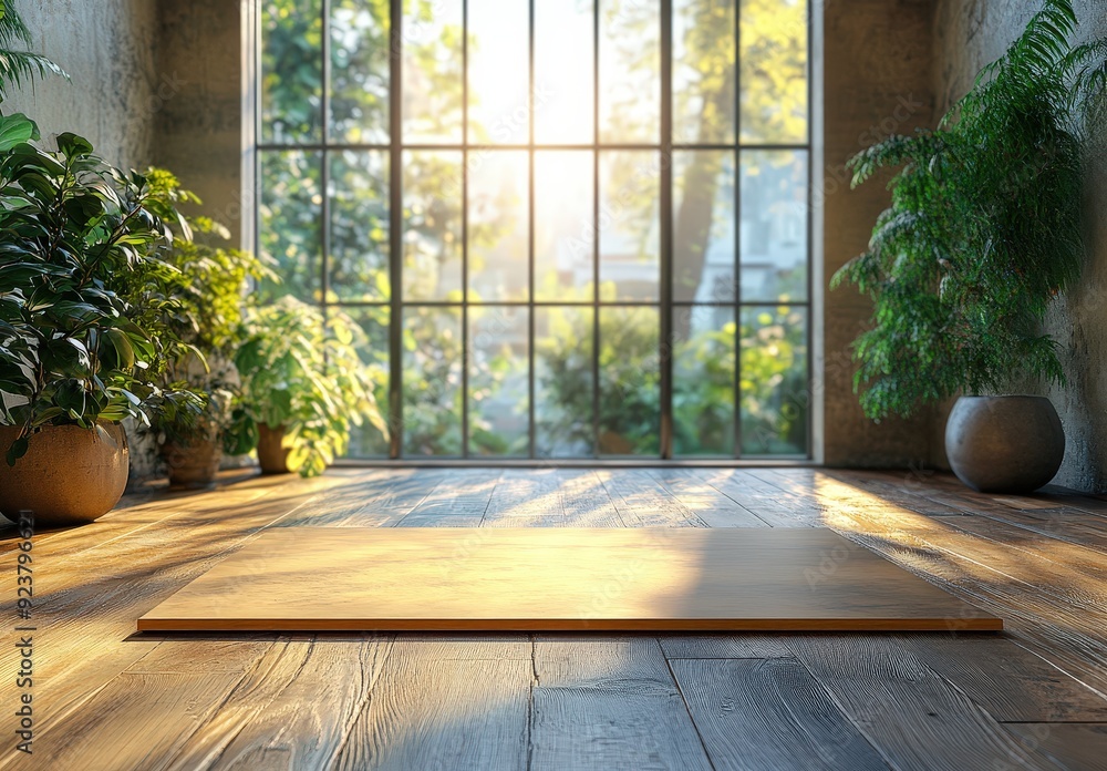 Fototapeta premium Sun-Kissed Tranquility: Empty Wooden Platform in a Serene Green Room