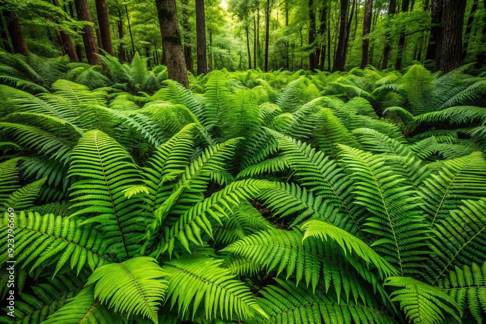 Dense growth of vibrant green ferns with intricate leaf patterns blanketing the forest floor, creating a lush, textured, and immersive natural landscape. Dense growth of vibrant green ferns with intricate leaf patterns blanketing the forest floor, creating a lush, textured, and immersive natural landscape.