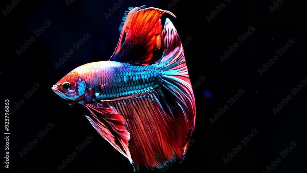 Beautiful betta fish gracefully swimming in black background aquarium