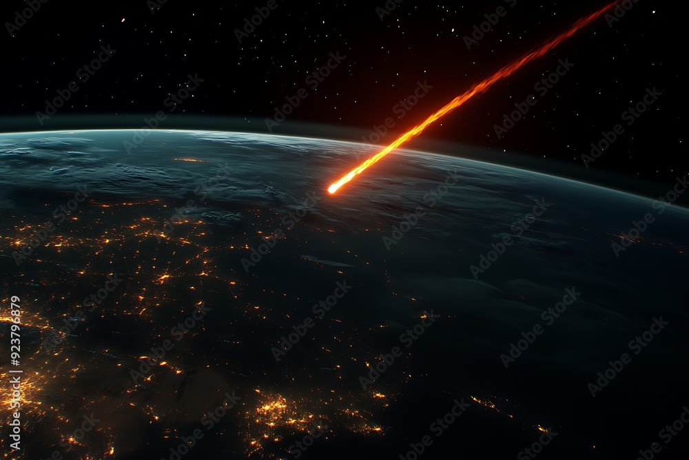 Obraz premium Cosmic Close Call - Giant Asteroid Narrowly Misses Earth, Fiery Tail and Red Glow, Illuminated Earth Surface from Space View