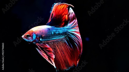 Beautiful betta fish gracefully swimming in black background aquarium