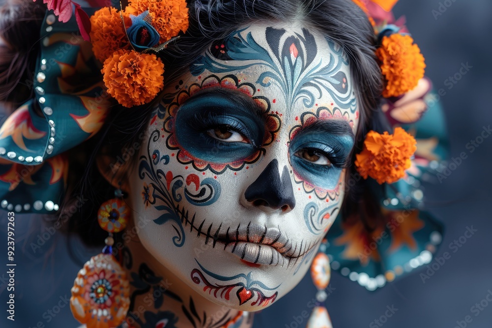 A detailed shot of a painted face in traditional Día de Muertos makeup, with marigold flowers in the hair and a dark, elegant background A detailed shot of a painted face in traditional Día de Muertos makeup, with marigold flowers in the hair and a dark, elegant background
