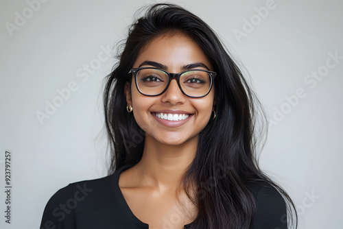 Happy smiling student Indian woman in glasses portrait isolated on white