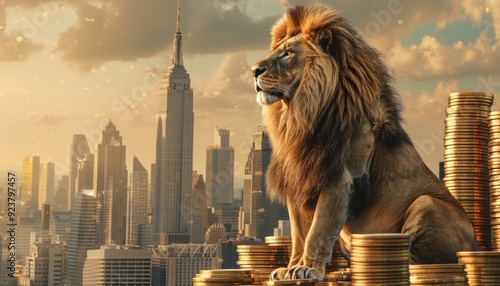 A lion's share, a majestic lion sitting atop enormous pile of gold coins, with the city skyline in the background, symbolising power and wealth associated with big trading companies, banks, etc. photo