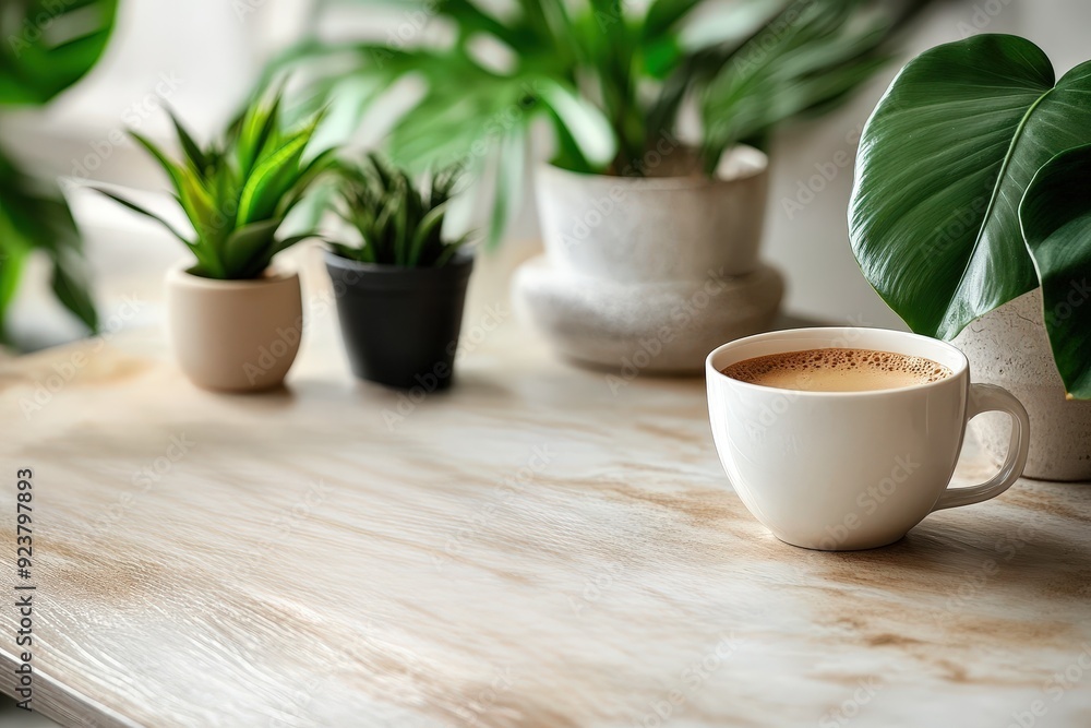 Coffee Break with Greenery: A cup of steaming coffee sits on a wooden table surrounded by potted plants, inviting a moment of relaxation and tranquility. Coffee Break with Greenery: A cup of steaming coffee sits on a wooden table surrounded by potted plants, inviting a moment of relaxation and tranquility.
