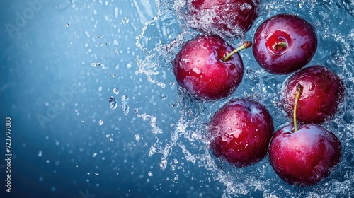 Juicy plums splashing in water, top view with ample space on the right for your message