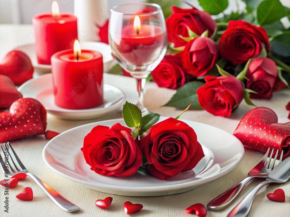 Elegant table setting features red roses, heart-shaped decorations, and candles on a crisp white background, evoking a romantic and intimate Valentine's Day atmosphere. Elegant table setting features red roses, heart-shaped decorations, and candles on a crisp white background, evoking a romantic and intimate Valentine's Day atmosphere.