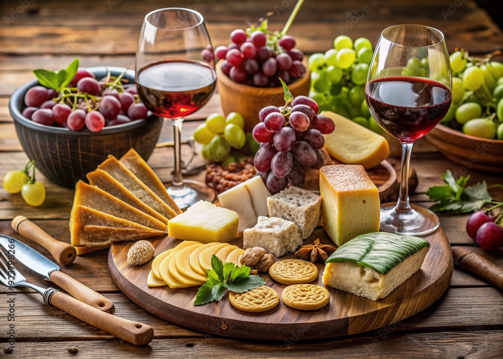 Elegant table setting featuring an assortment of artisanal cheeses, fresh grapes, cold cuts, and crackers, perfectly arranged for a luxurious wine and snack experience. Elegant table setting featuring an assortment of artisanal cheeses, fresh grapes, cold cuts, and crackers, perfectly arranged for a luxurious wine and snack experience.