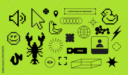 Pixels Y2k trendy playful abstract stickers. Cyber style. Simple shapes, digital elements. slime Green neon color, Girl techno party. Flat web icons. Trendy Geometric Brutalism UI. Pixels art, 90's