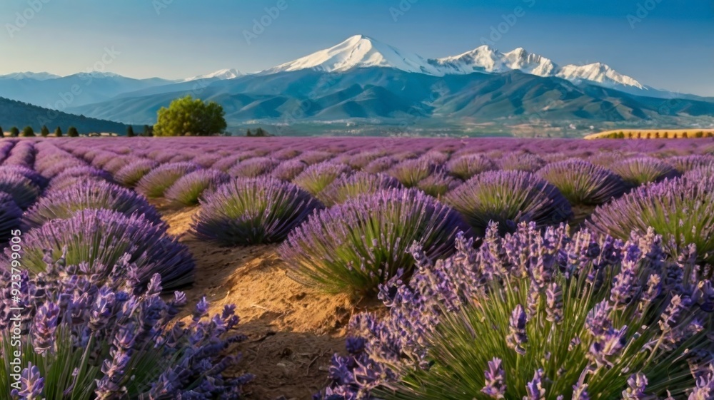 Blooming lavender fields with blue sky and mountains Blooming lavender fields with blue sky and mountains