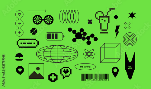 Pixels Y2k trendy playful abstract stickers. Cyber style. Simple shapes, digital elements. Slime Green neon color for techno party. Flat web icons. Trendy Geometric Brutalism UI. Pixels art, 90's