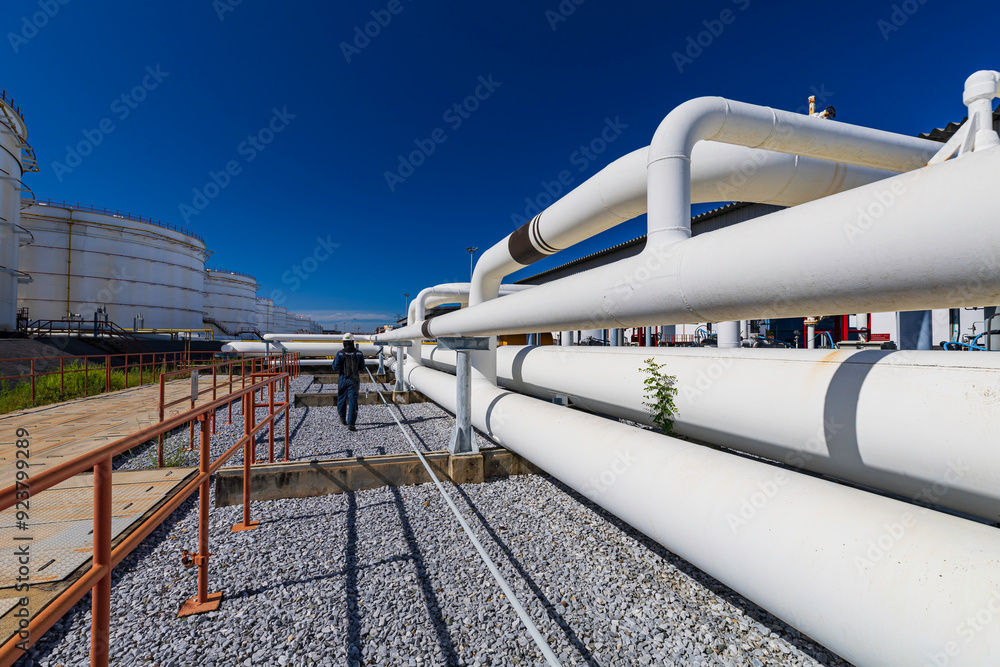 Male worker inspection at steel long pipes and pipe elbow in station oil factory during refinery valve Male worker inspection at steel long pipes and pipe elbow in station oil factory during refinery valve