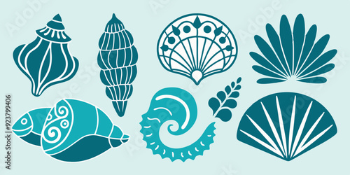 Linocut shell set, vector ocean beach scallop silhouette print, summer marine snail icon collection. Tropical seashore engraving illustration, mollusc conch woodcut. Linocut shell nautical clipart