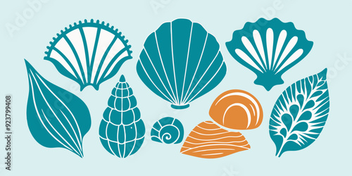 Linocut shell set, vector ocean beach scallop silhouette print, summer marine snail icon collection. Tropical seashore engraving illustration, mollusc conch woodcut. Linocut shell nautical clipart