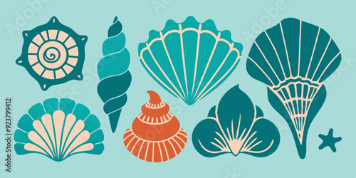Linocut shell set, vector ocean beach scallop silhouette print, summer marine snail icon collection. Tropical seashore engraving illustration, mollusc conch woodcut. Linocut shell nautical clipart