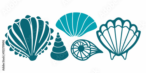 Linocut shell set, vector ocean beach scallop silhouette print, summer marine snail icon collection. Tropical seashore engraving illustration, mollusc conch woodcut. Linocut shell nautical clipart
