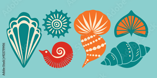 Linocut shell set, vector ocean beach scallop silhouette print, summer marine snail icon collection. Tropical seashore engraving illustration, mollusc conch woodcut. Linocut shell nautical clipart