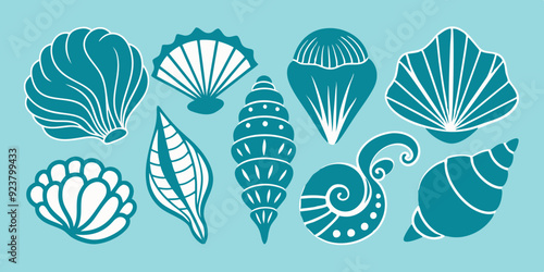 Linocut shell set, vector ocean beach scallop silhouette print, summer marine snail icon collection. Tropical seashore engraving illustration, mollusc conch woodcut. Linocut shell nautical clipart