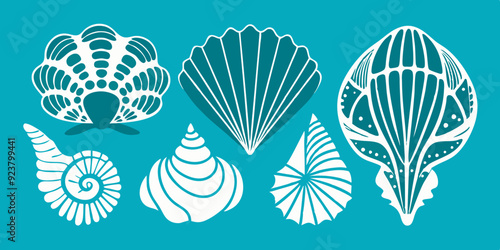 Linocut shell set, vector ocean beach scallop silhouette print, summer marine snail icon collection. Tropical seashore engraving illustration, mollusc conch woodcut. Linocut shell nautical clipart