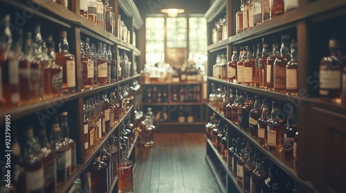 A wide shot of an elegant whiskey store