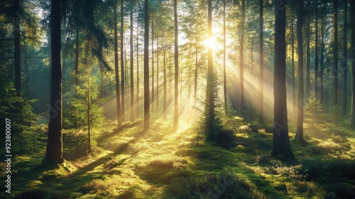 Panoramic view of a forest with sun rays filtering through the trees. Tranquil and serene scene with ample copy space