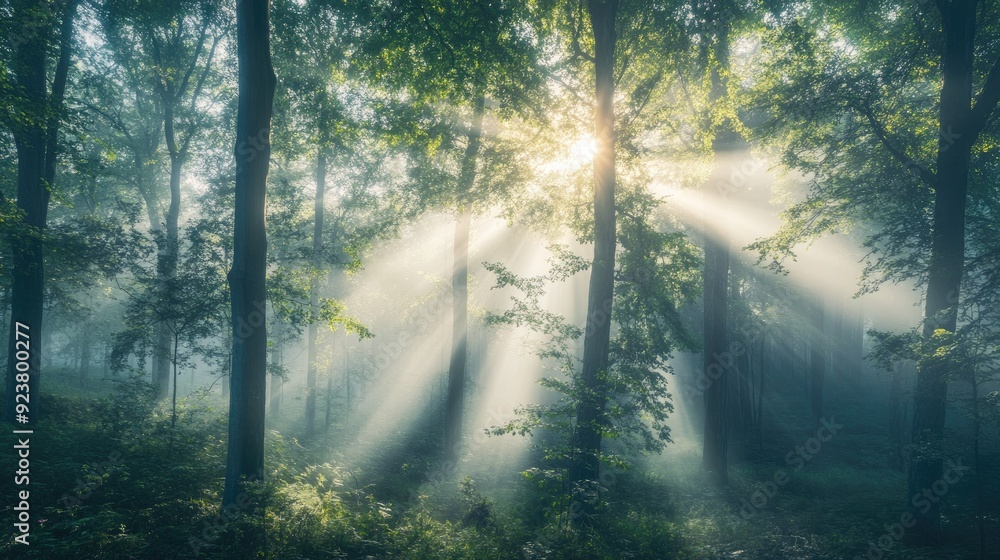 Obraz premium Panoramic view of a forest with sun rays filtering through the trees. Tranquil and serene scene with ample copy space