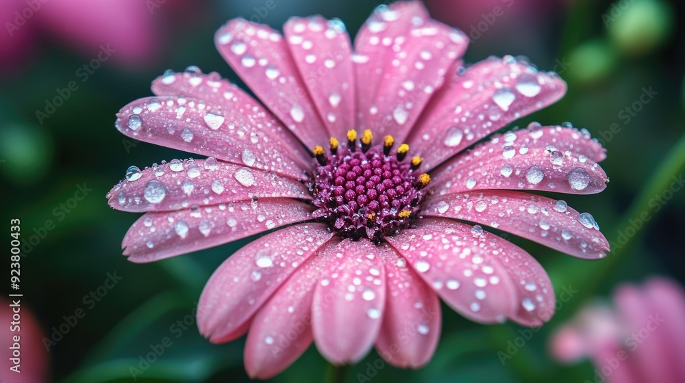 Pink flower covered in dew drops, with a focus on the shimmering droplets enhancing its natural beauty. Pink flower covered in dew drops, with a focus on the shimmering droplets enhancing its natural beauty.