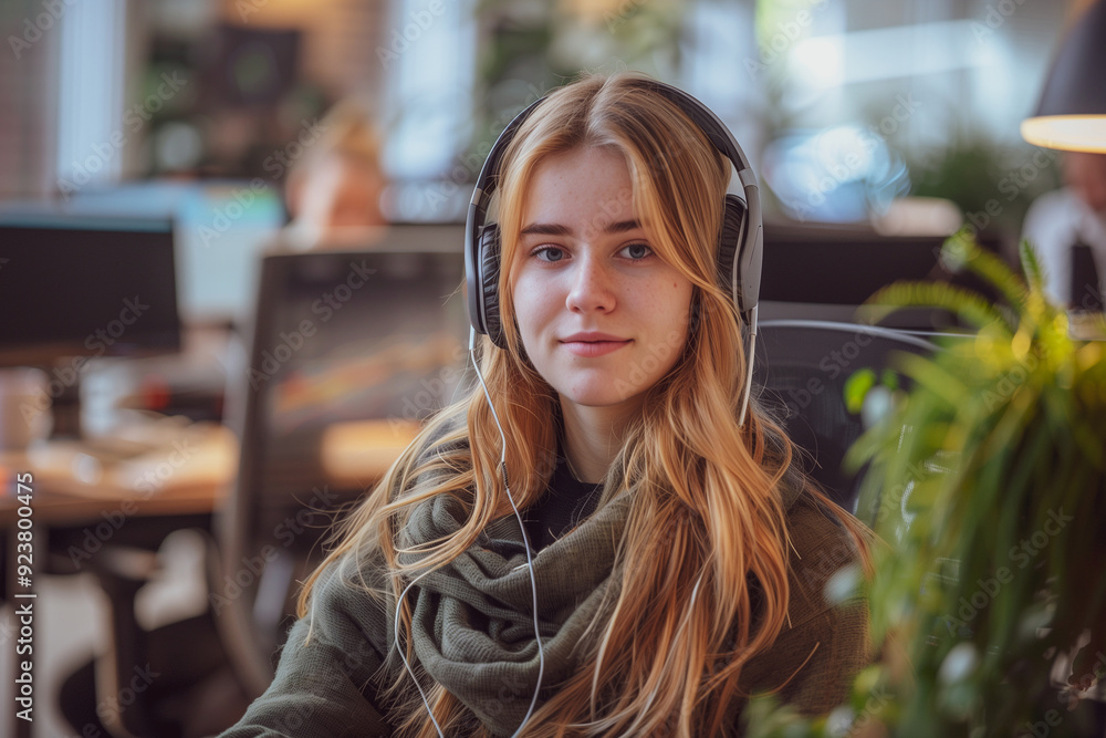 Pretty girl in a big white call center, sits at a table in front of a work computer, wears headphones and talks to a client Pretty girl in a big white call center, sits at a table in front of a work computer, wears headphones and talks to a client