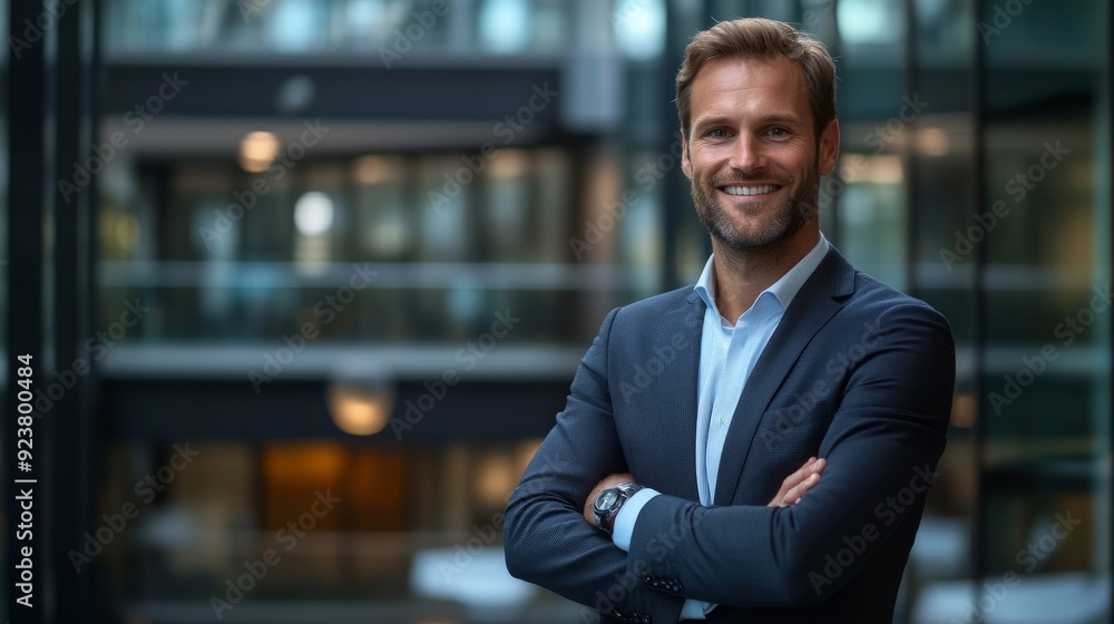 Confident Businessman in Modern Office Wearing a Suit and Smiling Confident Businessman in Modern Office Wearing a Suit and Smiling