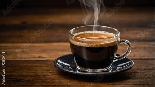 americano coffee espresso diluted with hot water resu served aesthetically in a wooden table photo