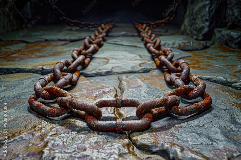 A rusted set of chains and shackles lying on a cold stone floor, with a dark, shadowy background hinting at an abandoned dungeon A rusted set of chains and shackles lying on a cold stone floor, with a dark, shadowy background hinting at an abandoned dungeon