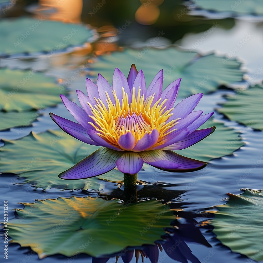 Egyptian Purple Lotus in shallow water floating above the surface of ...