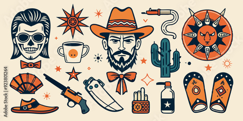 Wild West icon set, vector grunge Texas cowboy tattoo, boho hand drawn American engraving sticker. Vintage linocut western print kit, doodle cowgirl portrait, boots, gun, skull. Wild West collection
